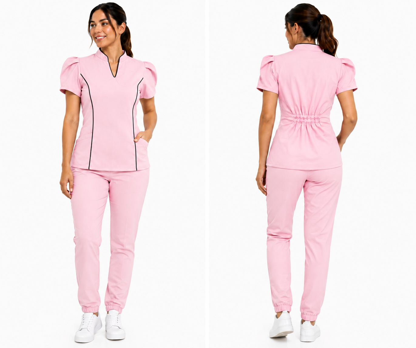 Conjunto Profissional Feminino Acinturado Manga Tulipa com Vivo Branco 5