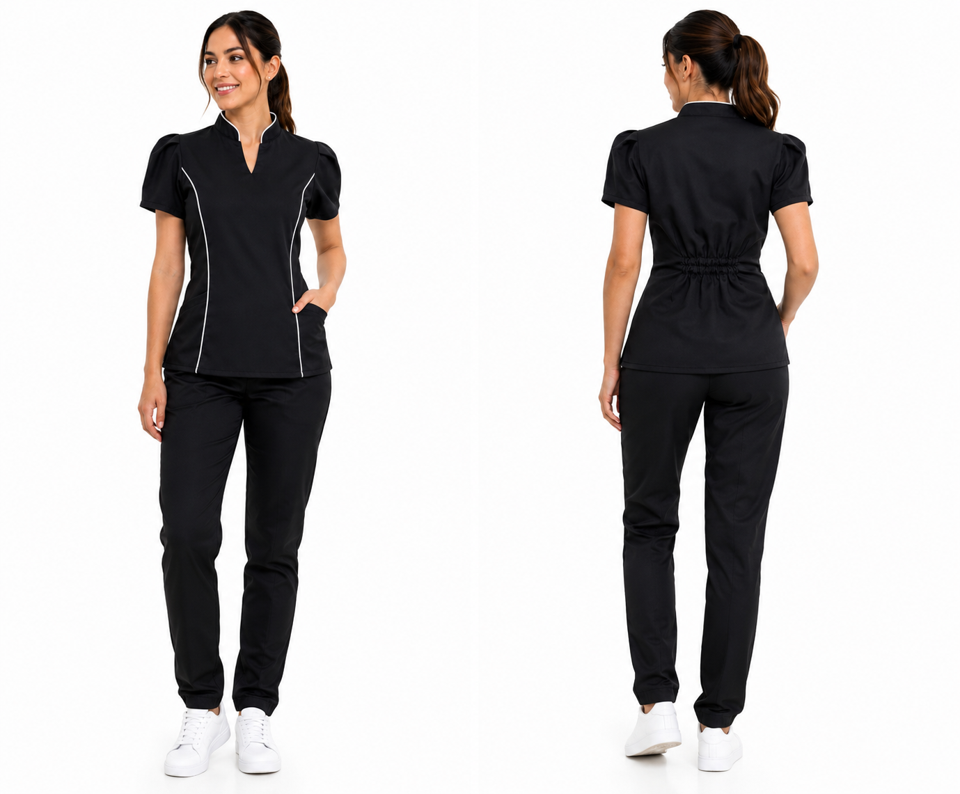 Conjunto Profissional Feminino Acinturado Manga Tulipa com Vivo Branco
